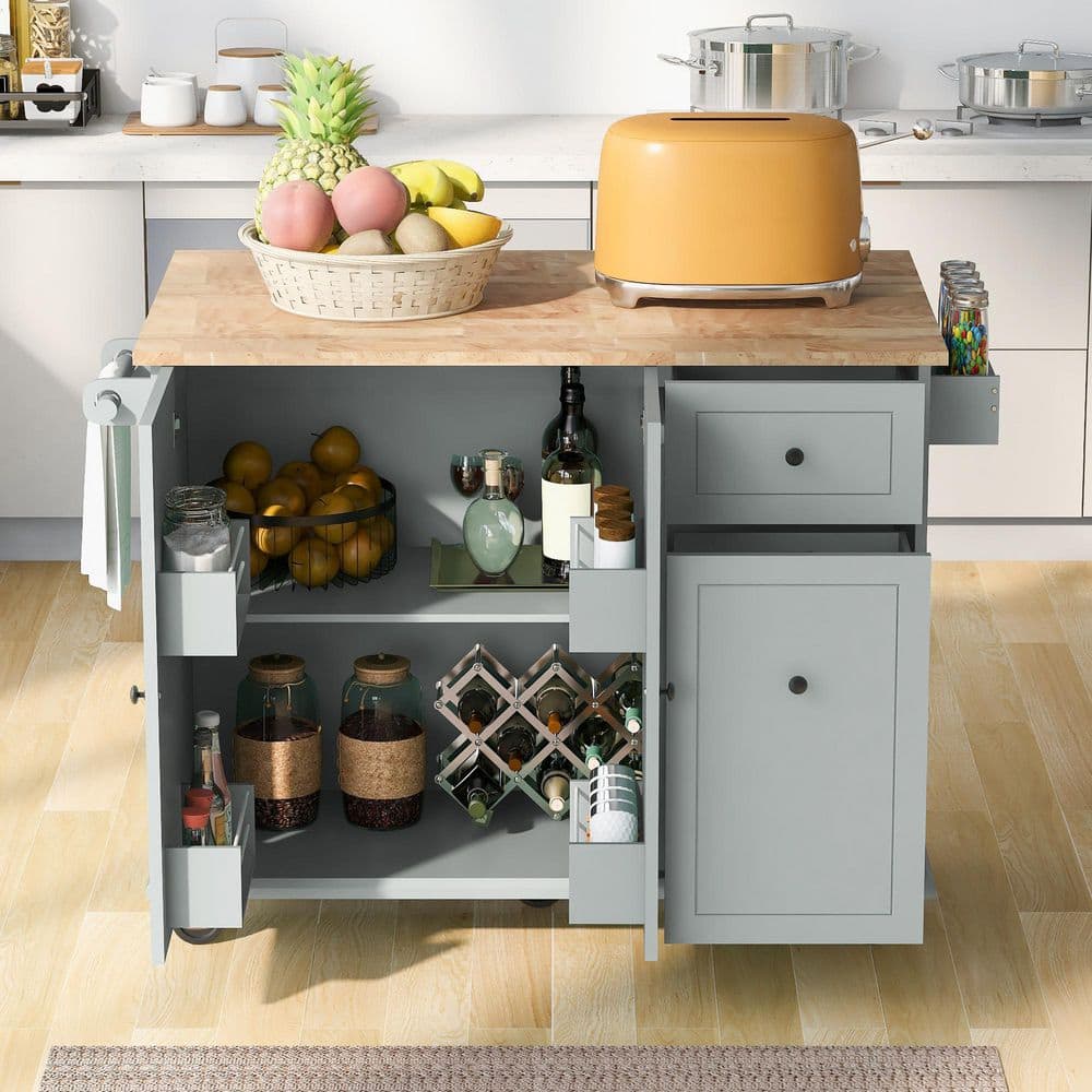 Grey Blue Rubber Wood Kitchen Cart with Spice Rack and Towel Rack