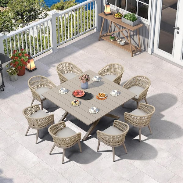 PURPLE LEAF 9-Piece Aluminum All-Weather PE Rattan Square Outdoor Dining Set with Cushion, Champagne