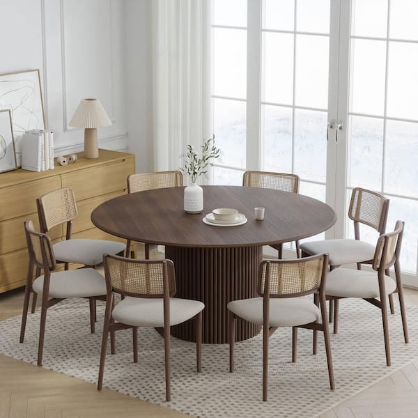 Dovelina 60 in. Natural Oak Wood Walnut Color Column Pedestal Round Kitchen Table Dining Table Seats 6