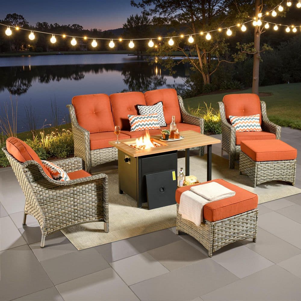 Eureka Grey 6-Piece Wicker Outdoor Patio Conversation Sofa Seating Set with a Storage Fire Pit and Red Cushions price history on PriceWatchPro