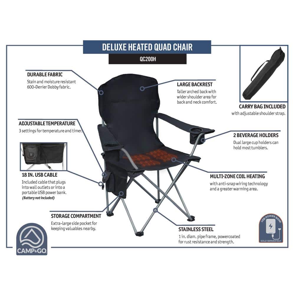 Black Heated Deluxe Folding Camp Chair with Steel Frame