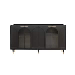 59.84 in. W x 15.75 in. D x 33.46 in. H Black Linen Cabinet Accent Wooden Cabinet with 4-Glass Doors