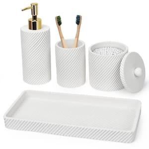 4-Piece Bathroom Accessory Set with Toothbrush Holder, Vanity Tray, Soap Dispenser, Qtip Holder in. White