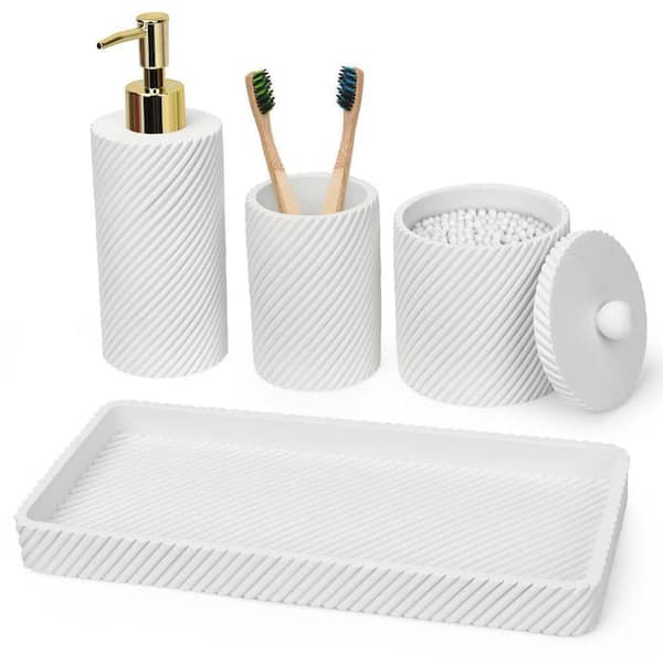 Dracelo 4-Piece Bathroom Accessory Set with Toothbrush Holder, Vanity Tray,  Soap Dispenser, Qtip Holder in. White B0B2VLM1QV - The Home Depot