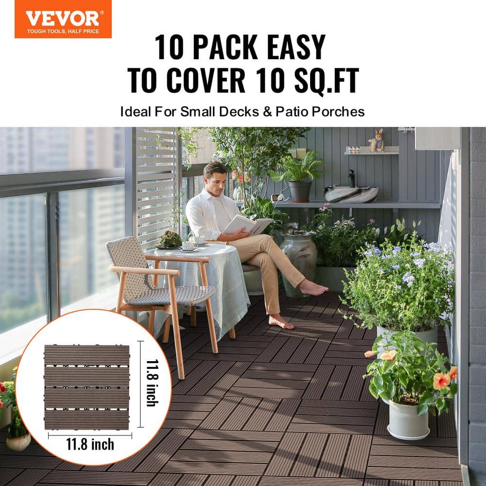 Dark Brown Composite Interlocking Waterproof Deck Tiles, 12" x 12"