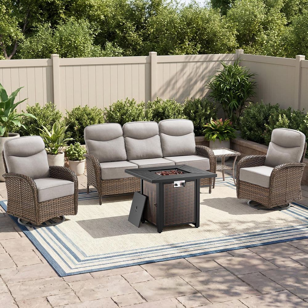 Goyal 5-Piece Wicker Patio Conversation Set with Fire Pit, Outdoor Swivel Furniture Sets with 6 in. Cushions in Beige price history on PriceWatchPro