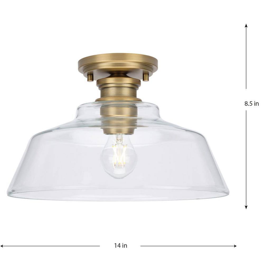 Vintage Brass and Clear Glass 14" Semi-Flush Mount Light