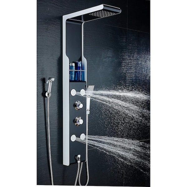 ELLO&ALLO 53 in. 4-Jet Shower Panel System with Shelf LED Rainfall  Waterfall Head Handshower and Bidet Sprayer in Silver Black  9803-F3-04-03-02 - The Home Depot