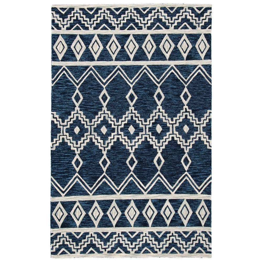 Ivory and Navy Tufted Wool Abstract Square Rug