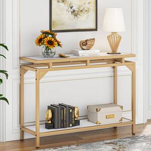Turrella 40 in. White and Gold Rectangle Wood Console Table, Marble Entryway Table with 2 Tier Storage Shelf