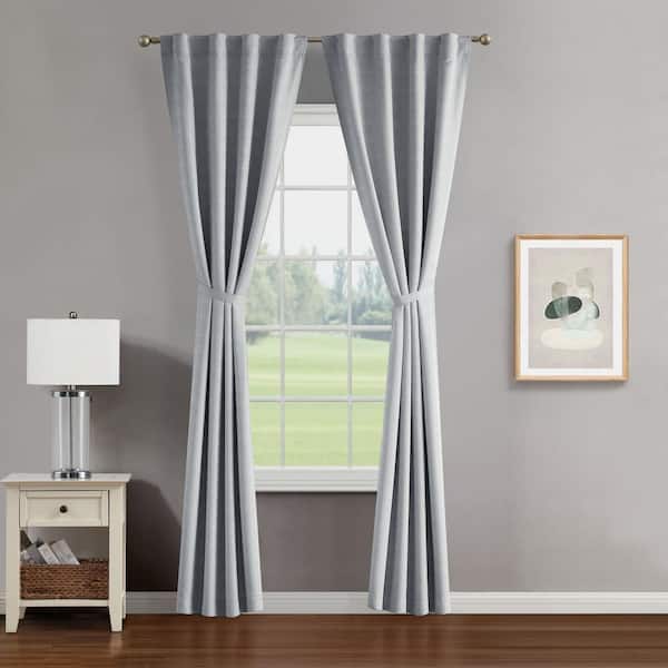 CREATIVE HOME IDEAS Tobie Light Grey Jacquard Polyester 38 in. W x 108 in. L Back Tab Blackout Curtain (2-Panels with 2-Tiebacks)