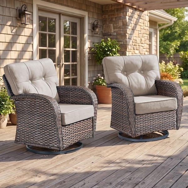 T-Frame Brown Wicker Outdoor Swivel Glider Chairs with Olefin Beige 5 in. Thick Cushions (2-Pack)