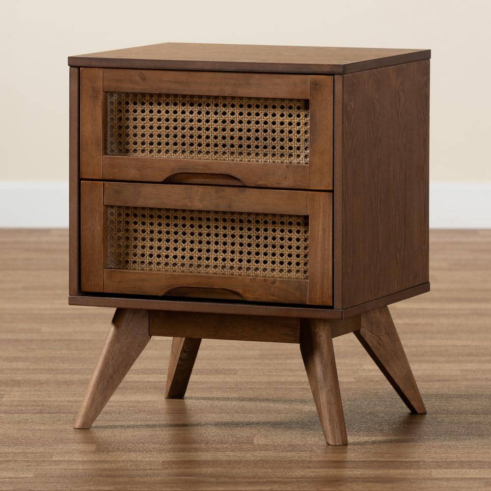 Walnut Brown Wood and Synthetic Rattan 2-Drawer Nightstand