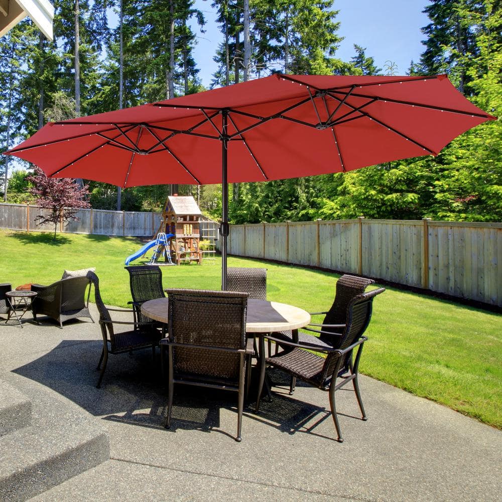 15 ft. Twin Patio Umbrella in Red with 48 Solar LED Lights