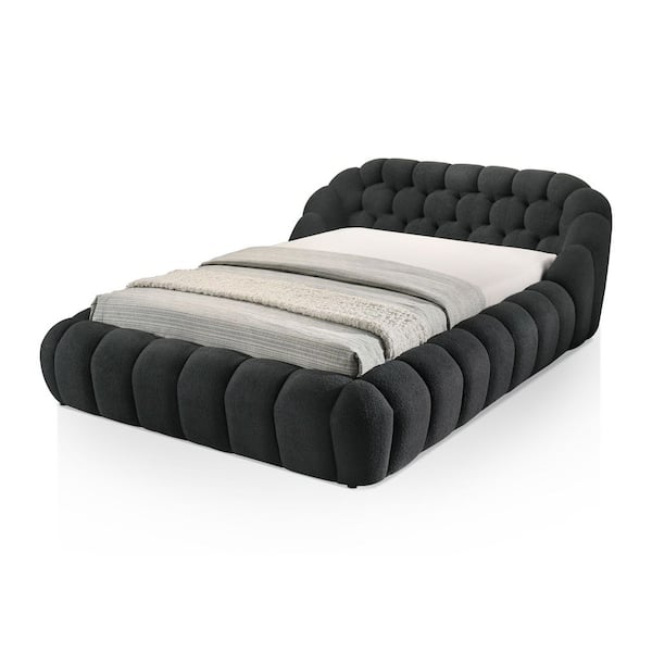 Tera Black Wood Frame Fully Upholstered Queen Platform Bed with Tufted Headboard
