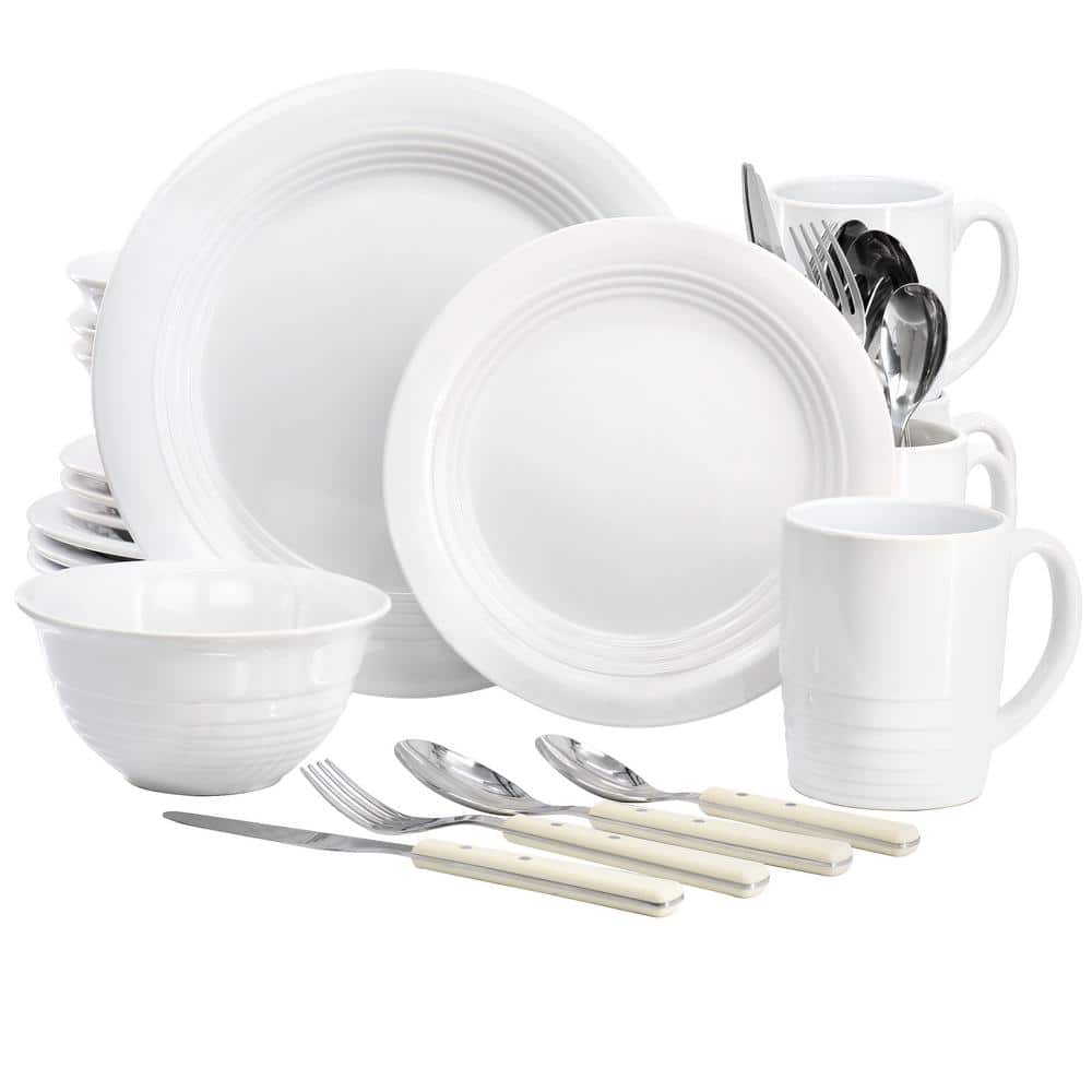 Linen White Ceramic 32-Piece Dinnerware and Flatware Set