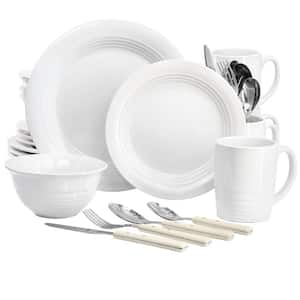 Martha Stewart 32 Piece Stoneware Dinnerware and Flatware Combo Set in Linen Service for 4