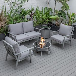 Walbrooke Grey 5-Piece Aluminum Round Patio Fire Pit Set with Grey Cushions, Slats Design and Tank Holder