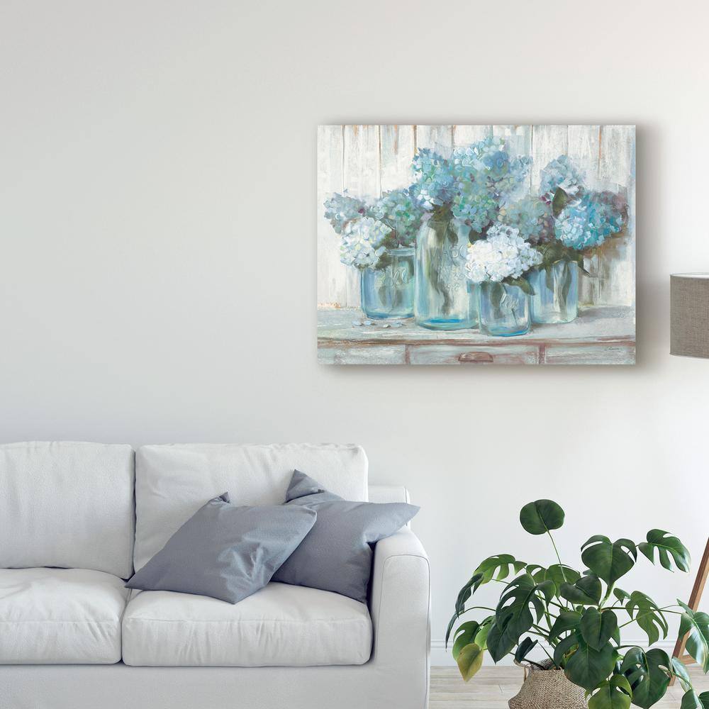 Hydrangeas in Glass Jars Blue Floral Canvas Print