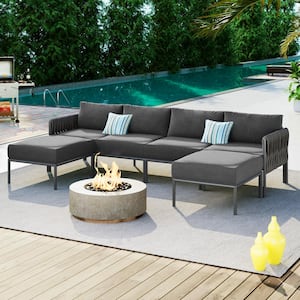 6-Pieces Grey Metal Aluminum Patio Outdoor Sectional Sofa Set with 5.9 in. Grey Removable Olefin Extra Thick Cushions