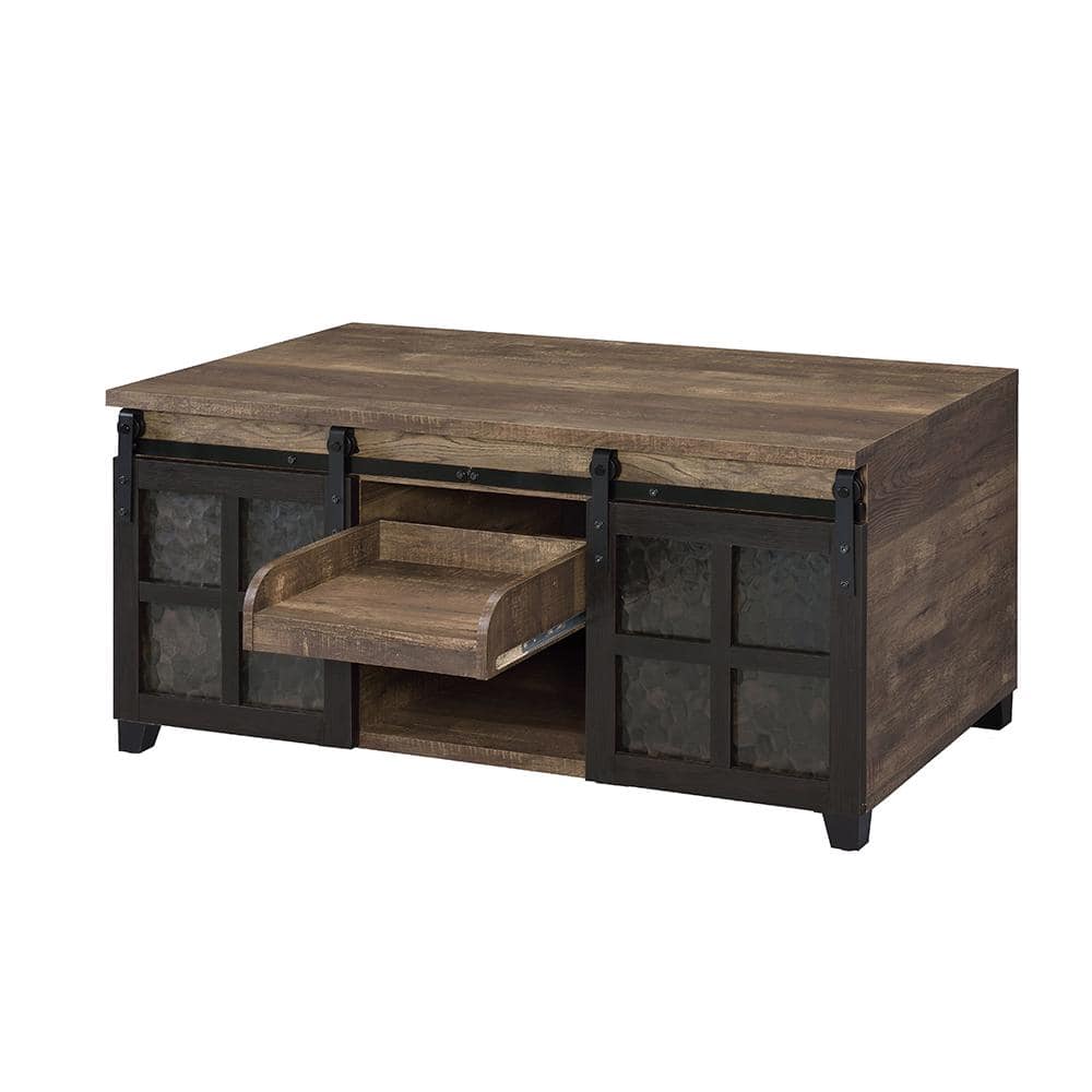 Rustic Oak and Black Rectangular Wood Glass Coffee Table with Storage