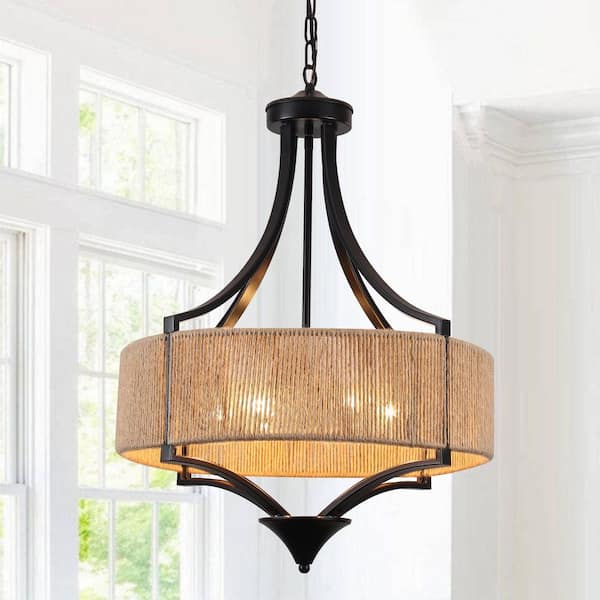 6-Light 19.7" Bohemian Matte Black Drum Chandelier with Hand-woven Hemp Rope Shade for Dining Room Kitchen Island Foyer