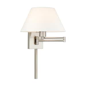Atwood 1-Light Brushed Nickel Plug-In/Hardwired Swing Arm Wall Lamp with Off-White Fabrick Shade