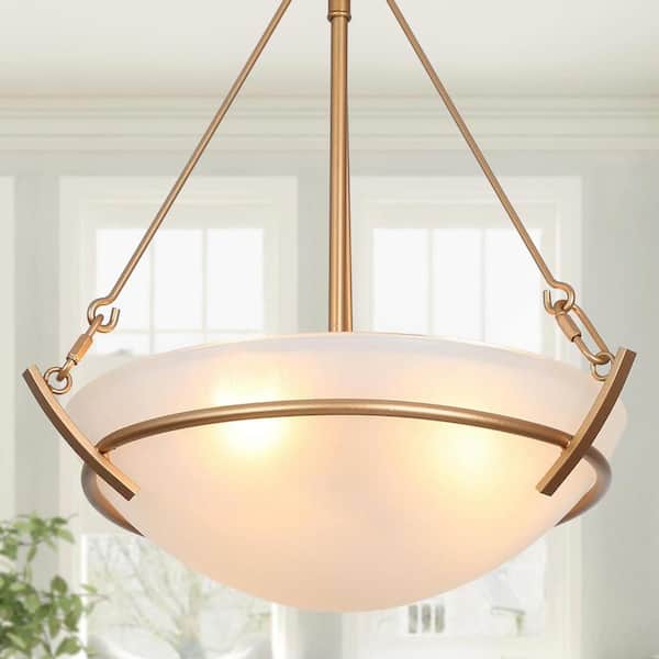 Zevni Combin Frosted Glass Pendant Light, 11.5 in. 3-Light Gold Round Chandelier, Modern Farmhouse Hanging Pendant Light