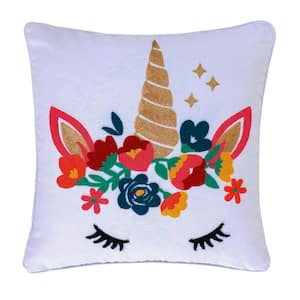 Chantal Multicolor Unicorn Floral Crewel Stitch 18 in. x 18 in. Throw Pillow