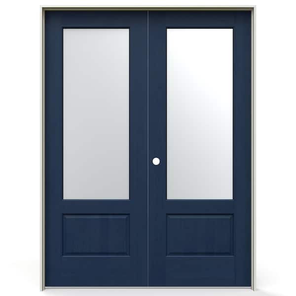 48 in. x 80 in. Right-Handed Frosted Glass Maritime Blue Solid Core Wood Double Prehung Interior Door w/ Flat Jamb