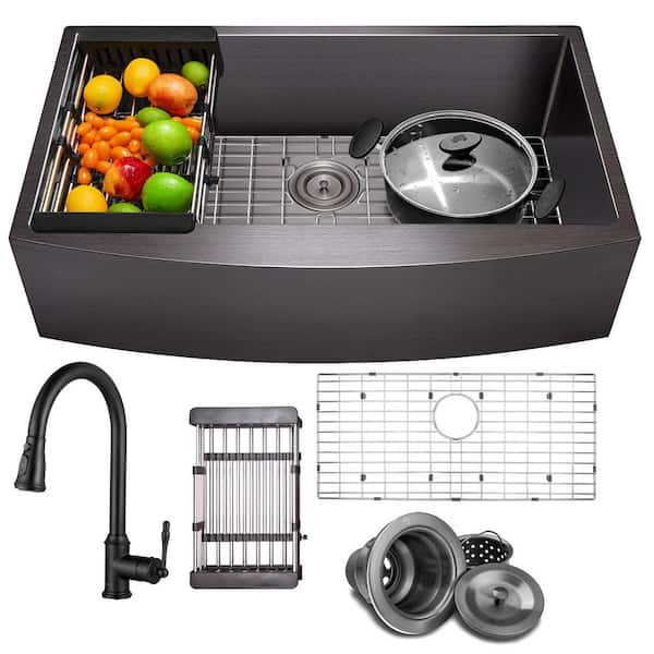 All-in-One Matte Black Finished Stainless Steel 33 in. x 20 in. Farmhouse Apron Mount Kitchen Sink with Pull-down Faucet