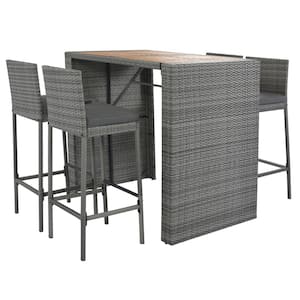 5-Piece Wicker Outdoor Serving Bar Set with Gray Cushions