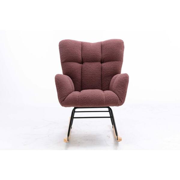 Unbranded Red Wood Mid Century Modern Teddy Fabric Tufted Upholstered Outdoor Rocking Chair with Cushion