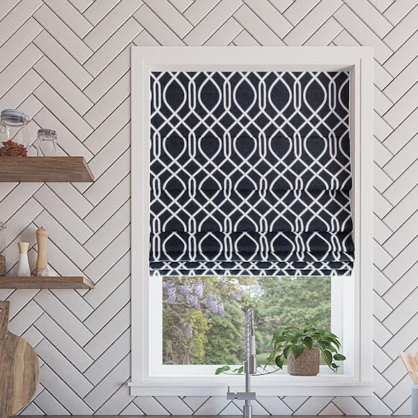 Sun Zero Detour Cordless Navy Blue 100% Blackout Modern Trellis Fabric Roman Shade 33 in. W x 64 in. L