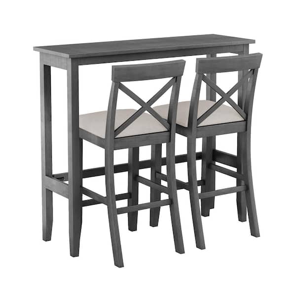 Harper & Bright Designs Farmhouse 3-Piece Gray Wood Bar Table Set Seats 2 with 2 Chairs, Kitchen Breakfast Nook for Small Places