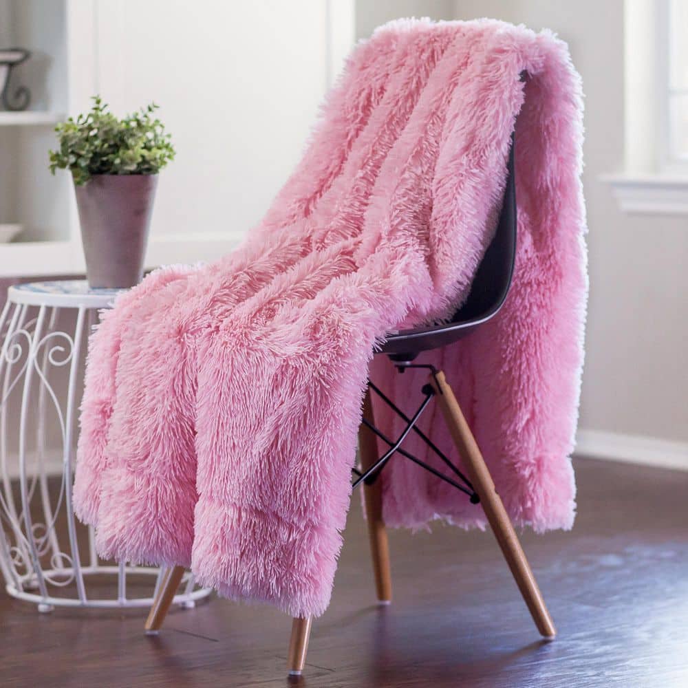 Pink Faux Fur Sherpa Fleece Reversible Throw Blanket
