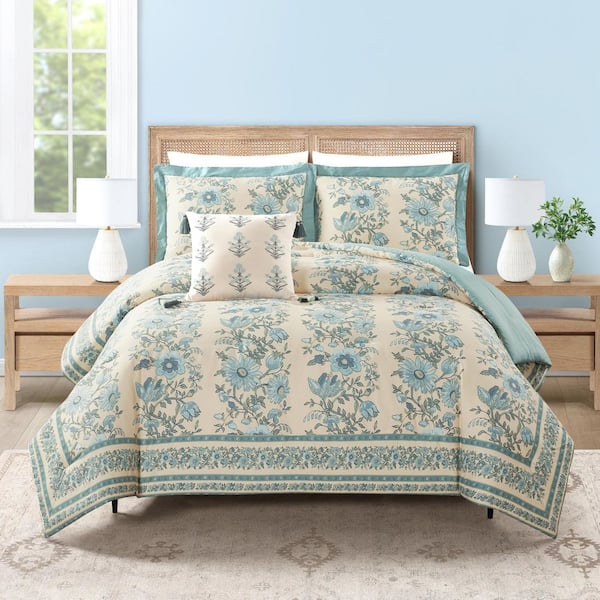 Mystic Moss 3-Piece Blue/Green Floral Cotton Full/Queen Comforter Set