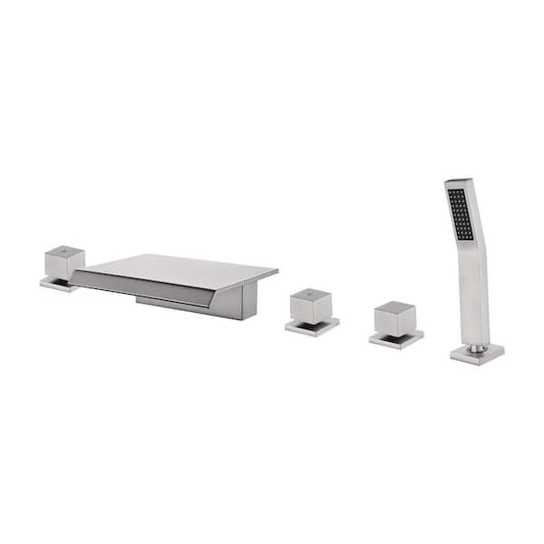 Single-Handle Tub Deck Mount Roman Tub Faucet with Hand Shower and Water Suply Hose in Brushed Nickel