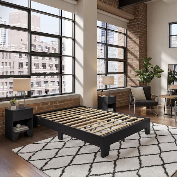 Boyd Sleep Lugano Black Wood Frame Full Platform Bed with Modern No Headboard Design, Easy Assembly