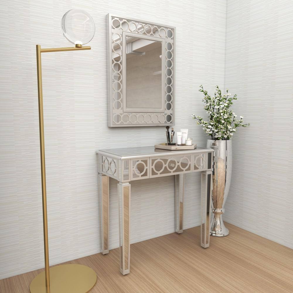 Silver Mirrored Wood and Glass Console Table with Storage