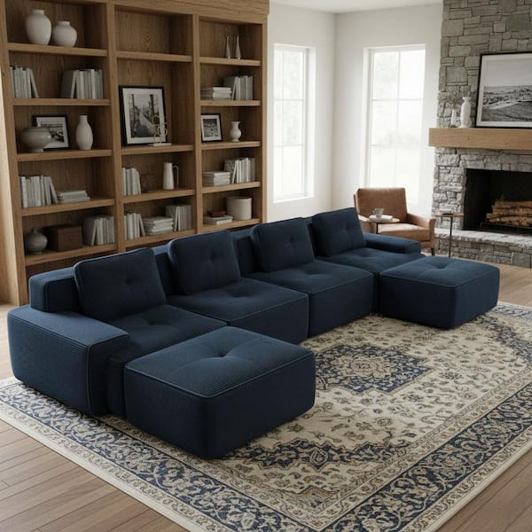 TITK 152.8 in. Track Arm 5-Piece Corduroy Modular Sectional Sofa with Deep Seat and 2 Movable Ottomans in. Midnight Blue