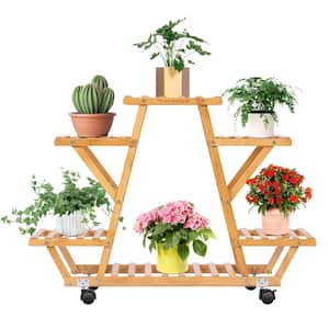 24.8 in. Tall Indoor/Outdoor Bamboo Wood Plant Stand with Detachable Wheels (6-Tiered)