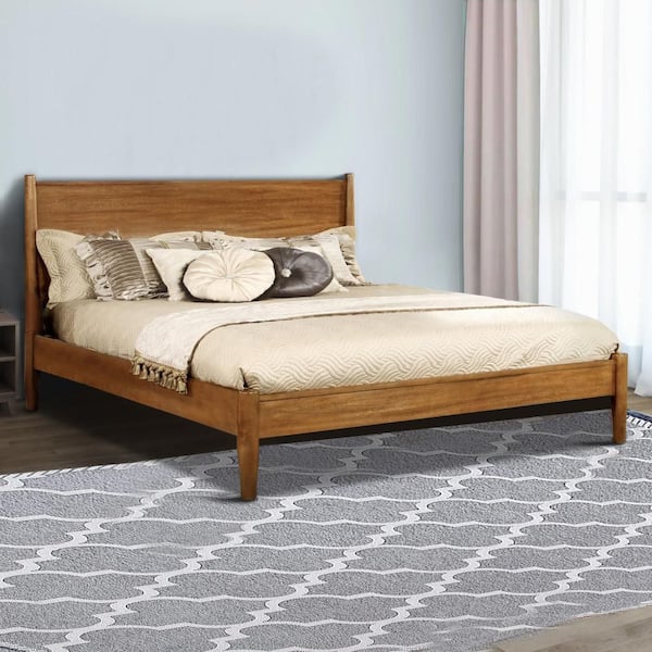 Oak Brown Wooden Frame King Platform Bed with Panel Headboard