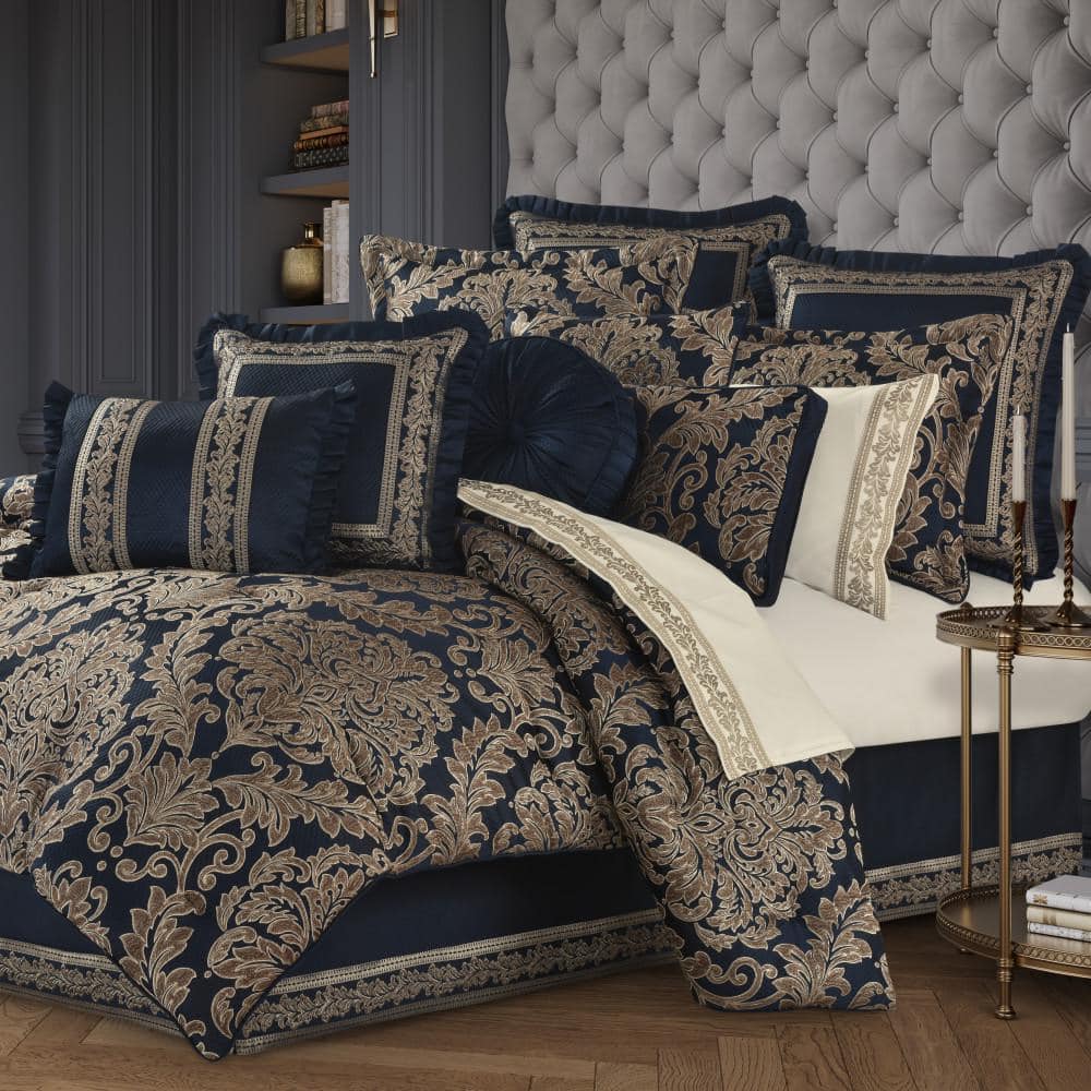 Navy Blue Satin Queen Comforter Set with Frills