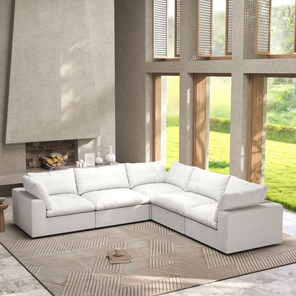 J&E Home 120.45 in. W Square Arm Linen Modular 5-Pieces Free