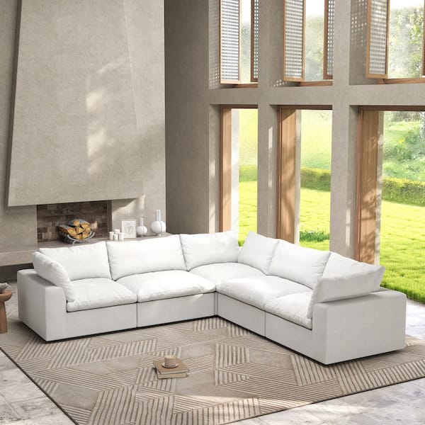 J&E Home 120.45 in. W Square Arm Linen Modular 5-Pieces Free