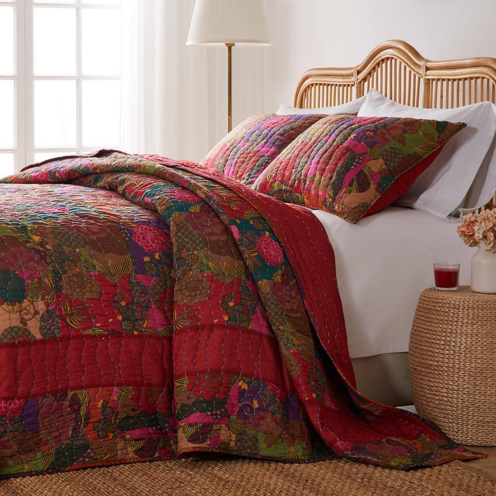King Multicolor Cotton Reversible Floral Quilt Set