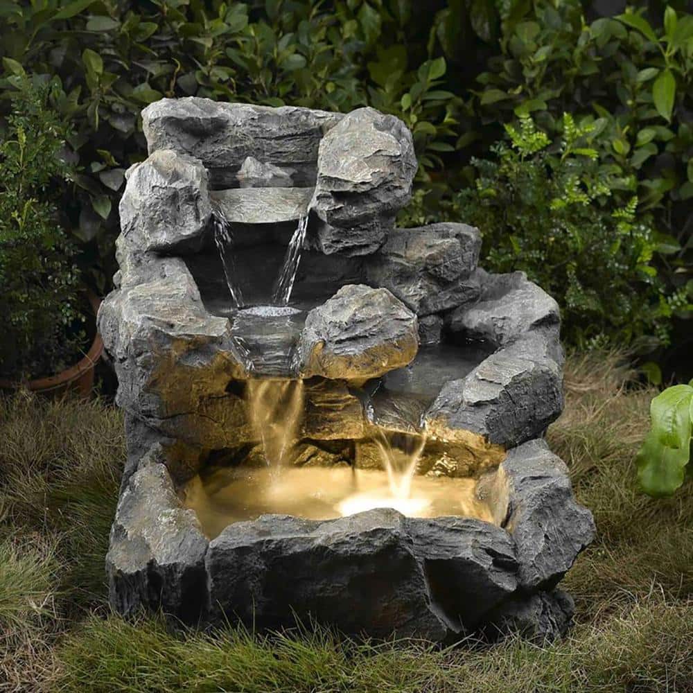 Rock Creek Gray Polyresin Cascading Outdoor Fountain with Illumination