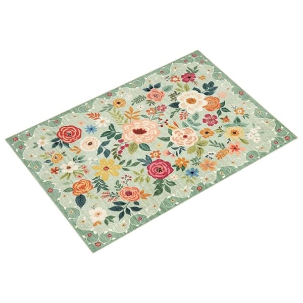 2x3 Green Non Slip Boho Rugs for Entryway, Floral Indoor Washable Door Mat