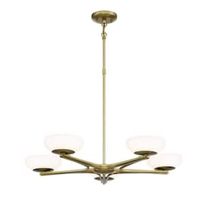 Scale 8-Watt 5-Light Integrated LED Soft Brass Chandelier with Etched White Glass Shade
